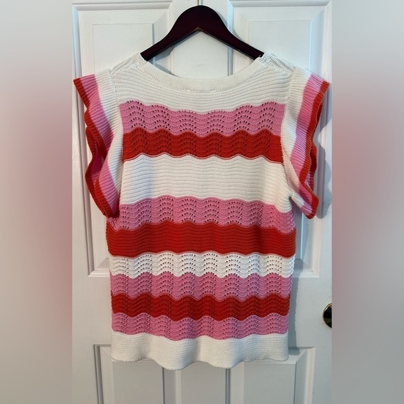 THML Anthropologie M Knit Cotton Sweater Wavy Stripe V Neck Flutter Sleeves Pink - Picture 6 of 12